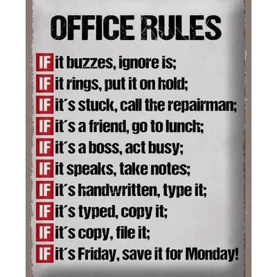Targa in metallo con scritta 30x40 cm Le regole dell'ufficio che ronza ignorano è