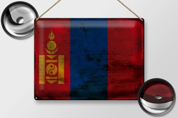 Panneau en étain drapeau Mongolie 40x30cm, drapeau de la Mongolie rouille 2