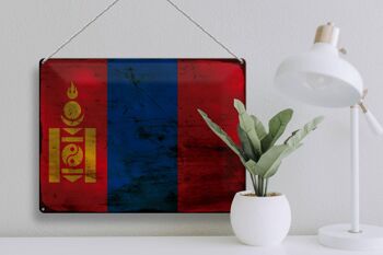 Panneau en étain drapeau Mongolie 40x30cm, drapeau de la Mongolie rouille 3