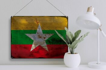 Signe en étain drapeau Myanmar 40x30cm drapeau du Myanmar rouille 3