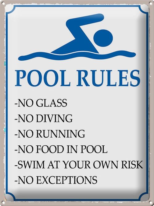 Blechschild Spruch 30x40cm Pool Rules No glass no diving