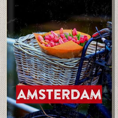 Targa in metallo da viaggio 30x40 cm Retro Amsterdam Tulips Bicycle