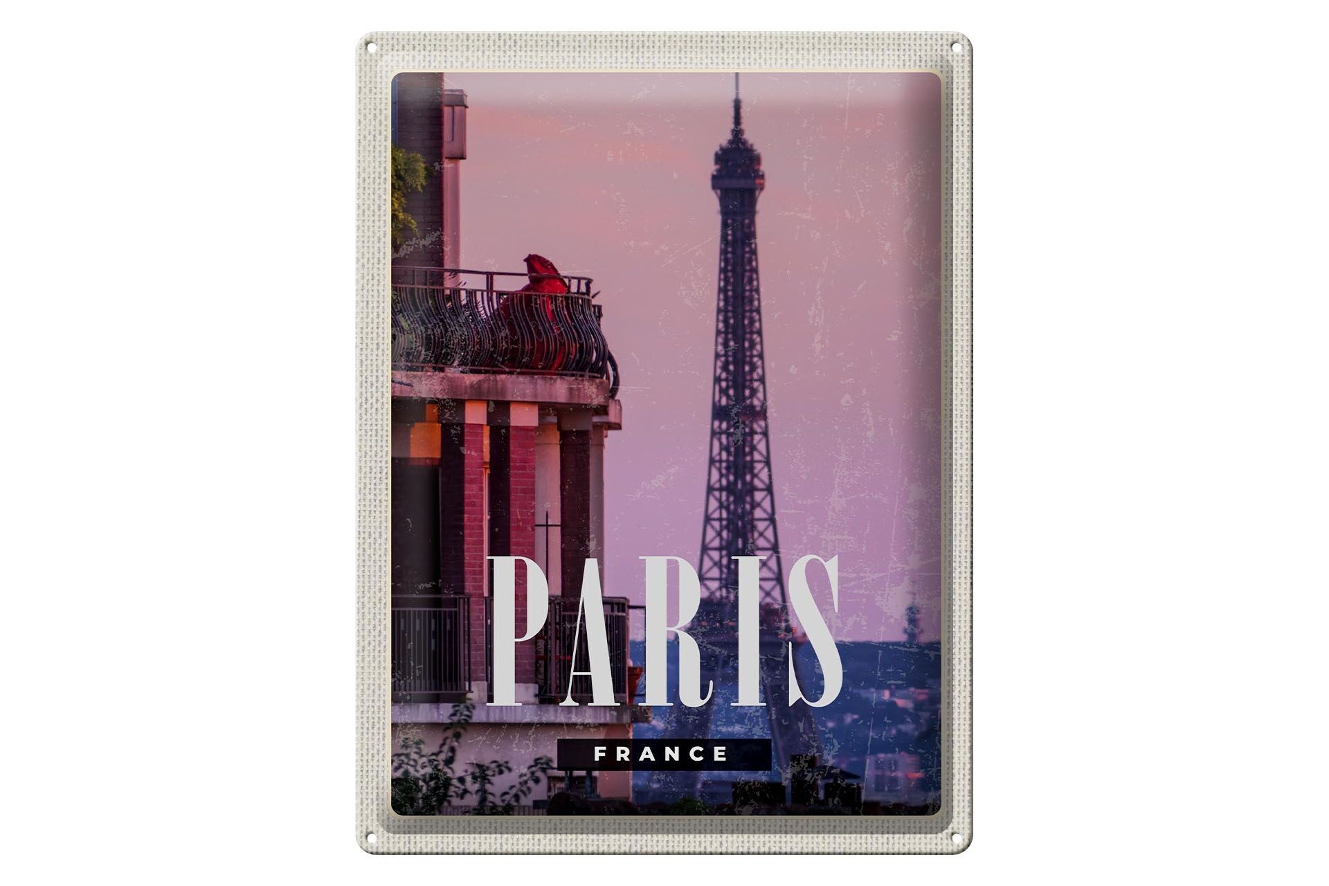 Targa in metallo da viaggio 30x40 cm Parigi Francia Torre del tramonto