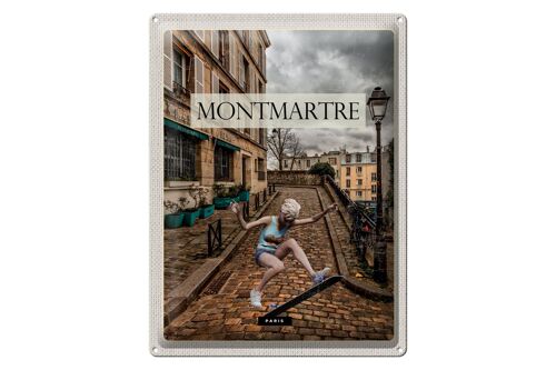 Blechschild Reise 30x40cm Montmartre Paris Skateboard Frau