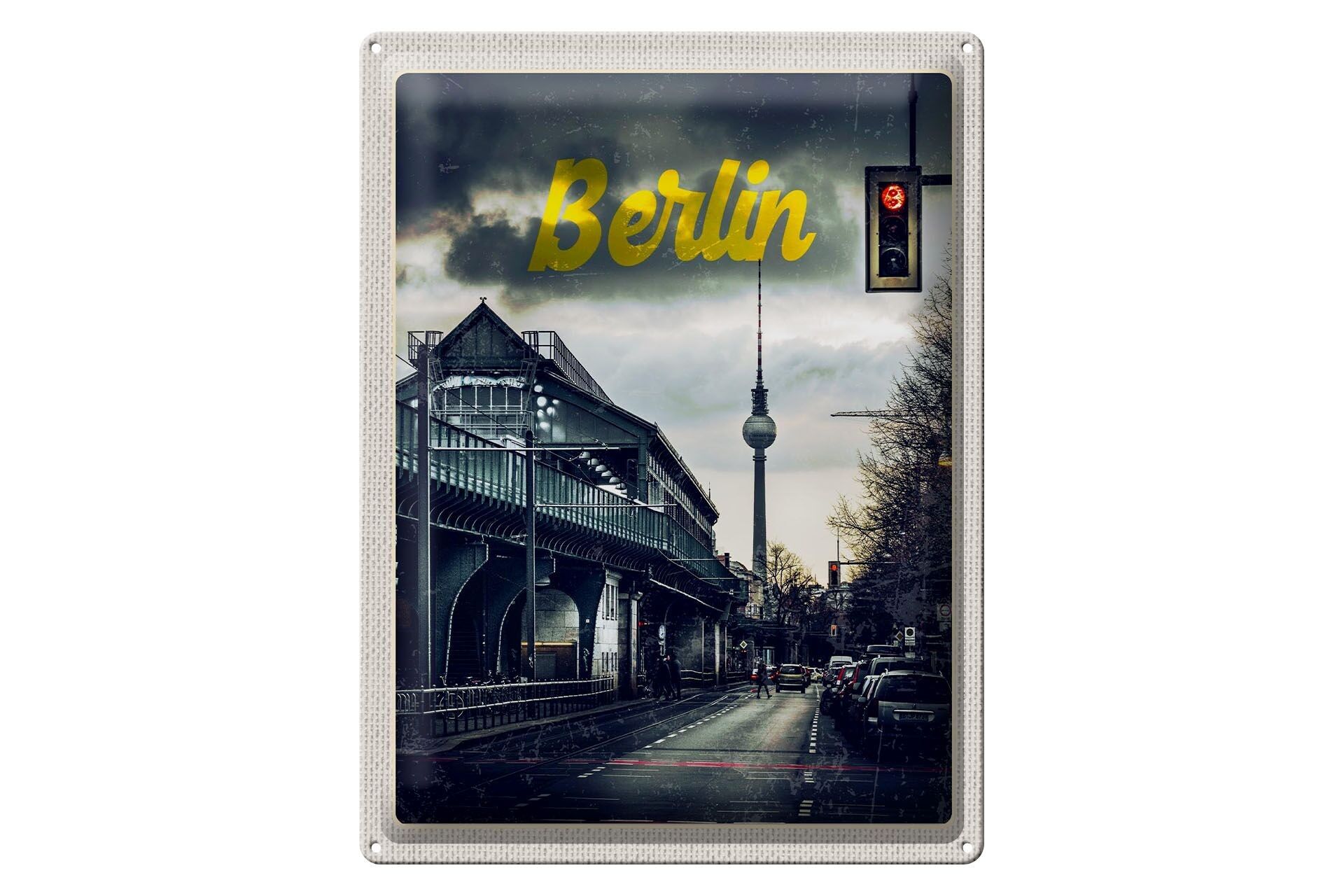 Blechschild Reise 30x40cm Berlin Bahnhof Fernsehturm abends