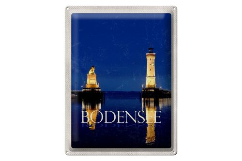 Blechschild Reise 30x40cm Bodensee Deutschland Leuchtturm Nacht