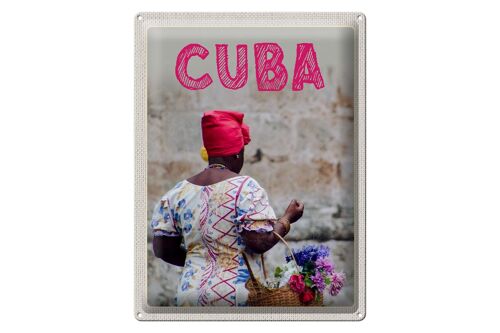 Blechschild Reise 30x40cm Cuba Karibik Frau Korb mit Blumen