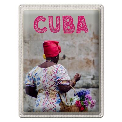 Blechschild Reise 30x40cm Cuba Karibik Frau Korb mit Blumen