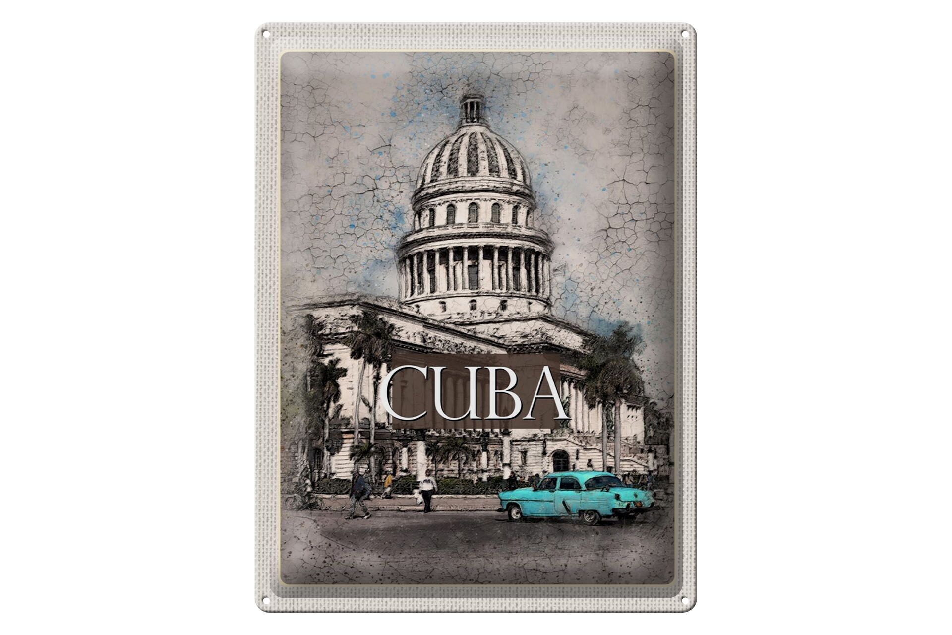 Tin sign travel 30x40cm Cuba Caribbean painting vintage car