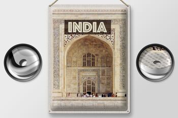 Signe en étain voyage 30x40cm, Inde, entrée du Taj Mahal, personnes 2