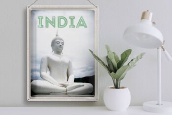 Plaque en tôle voyage 30x40cm Inde sculpture Bouddha blanc 3