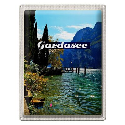 Blechschild Reise 30x40cm Gardasee Italien See Bäume Gebäude