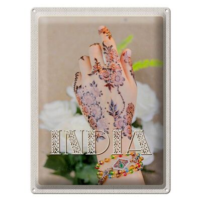 Cartel de chapa de viaje, 30x40cm, India, Henna, mano, tradición, flor