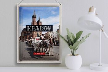 Panneau de voyage en étain, 30x40cm, Cracovie, Pologne, cheval, église du centre-ville 3
