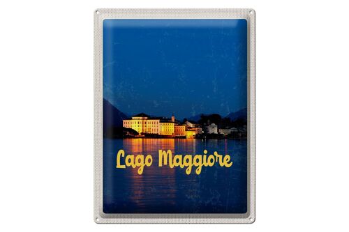 Blechschild Reise 30x40cm Lago Maggiore Insel bei Nacht Meer