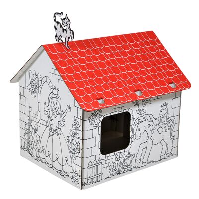 Maison de jeu en carton Princesse avec de jolis contours de filles, princesses, animaux, fleurs, blanc, grand, bricolage, pour la peinture, 3 ans et plus