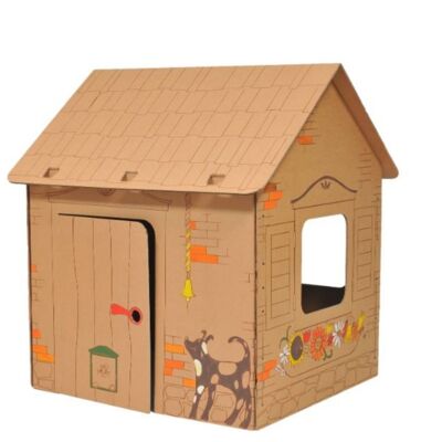 Cardboard playhouse Cabin with contours of nice animals, brown, large, DIY, for painting, 3+ years