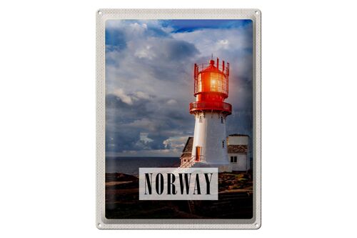 Blechschild Reise 30x40cm Norwegen Leuchtturm Gewitter Meer