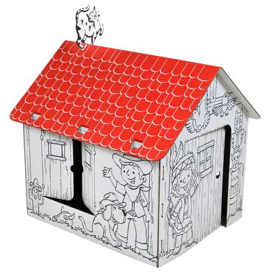 Cardboard playhouse Adventure with nice contours of boys, cowboys, animals, flowers, white, large, DIY, for painting, 3+ years
