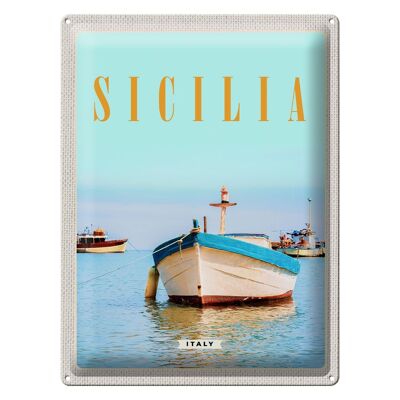 Cartel de chapa de viaje, 30x40cm, Sicilia, Italia, barco, orilla, playa, mar
