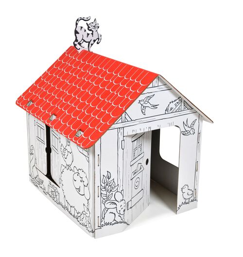 Cardboard playhouse Countryside with nice contours of farm animals, flowers, white, large, DIY, for painting, 3+ years