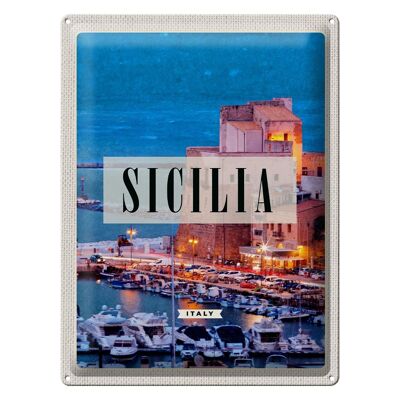 Cartel de chapa de viaje, 30x40cm, Sicilia, vista nocturna de la costa, barco