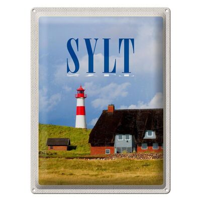 Blechschild Reise 30x40cm Sylt Häuser Dach aus Moos Leuchtturm