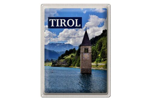 Blechschild Reise 30x40cm Tirol Österreich Kirchturm im Wasser