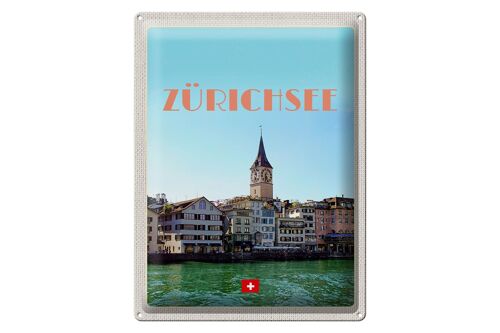 Blechschild Reise 30x40cm Zürich Schweiz Ausblick See auf Stadt