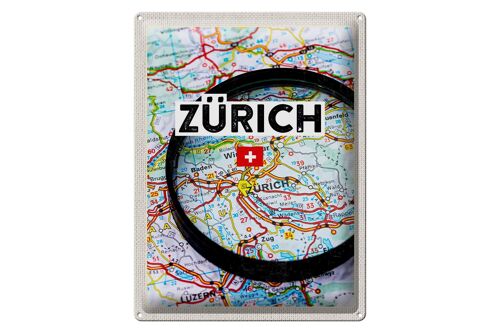 Blechschild Reise 30x40cm Zürich Schweiz Karte Lupe Stadt