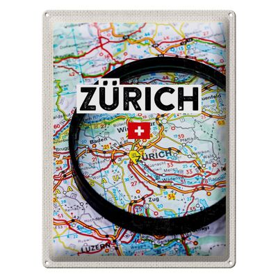 Targa in metallo da viaggio 30x40 cm Zurigo Svizzera Mappa Lente d'ingrandimento Città