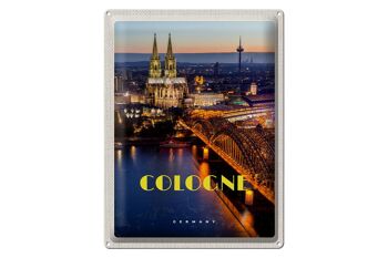 Panneau de voyage en étain, 30x40cm, ville de Cologne, vue du soir, pont, cathédrale 1