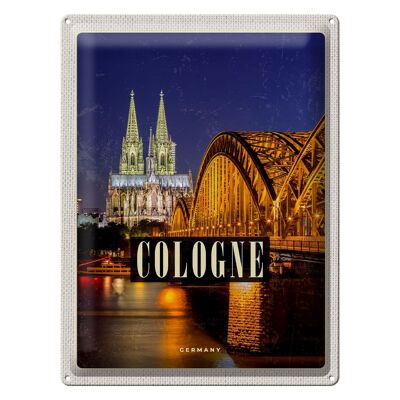 Signe en étain voyage 30x40cm, pont de Cologne, cathédrale de la ville, lumières du soir