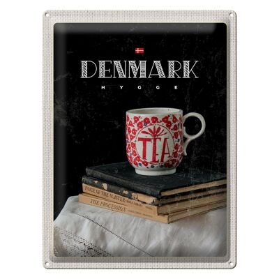 Cartel de chapa de viaje, 30x40cm, Dinamarca, taza de té, libros, mantel
