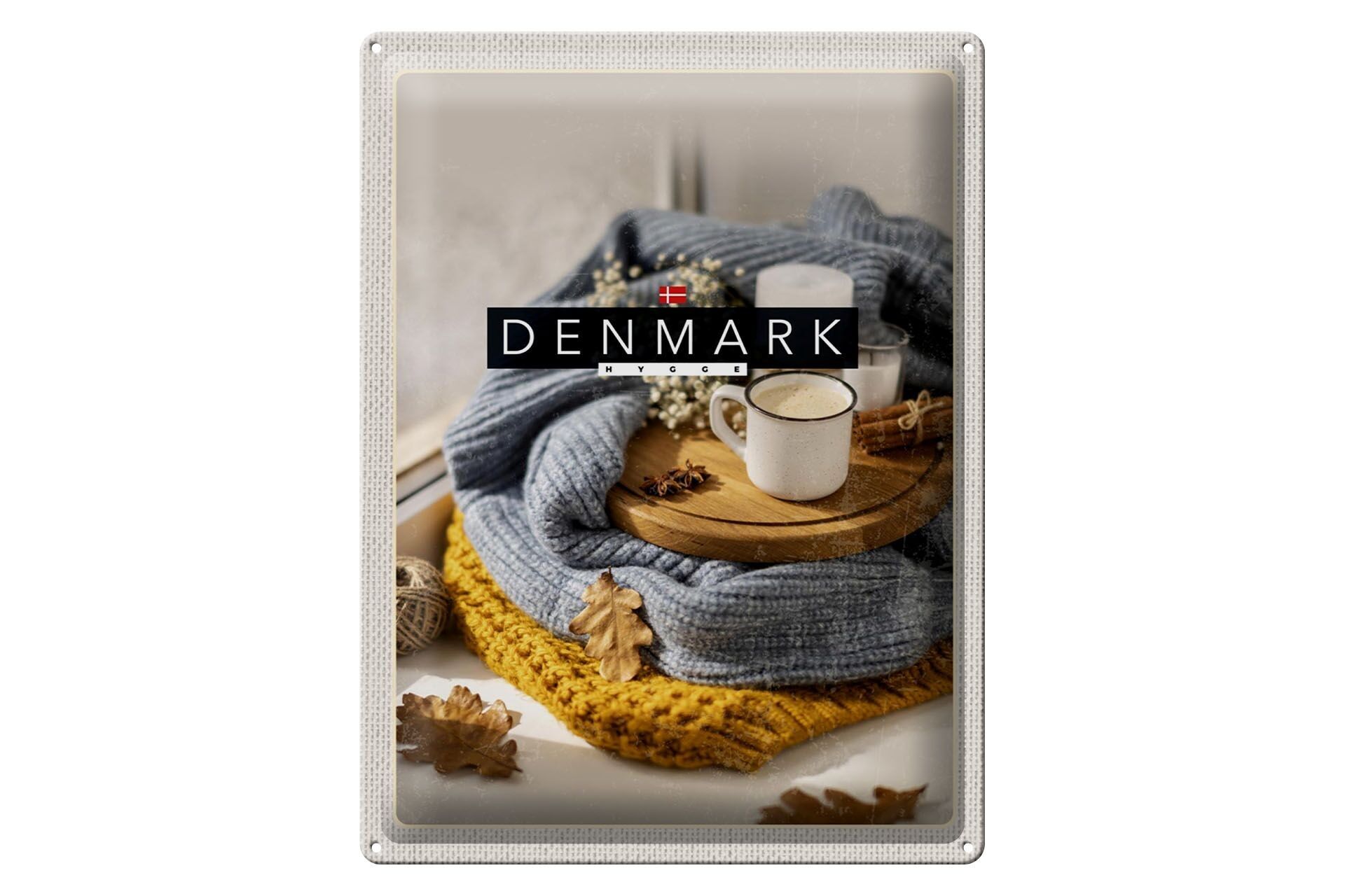Blechschild Reise 30x40cm Dänemark Wollpullover Tasse Zimtstange