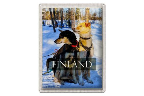 Blechschild Reise 30x40cm Finnland Schnee Winterzeit Wald Hunde