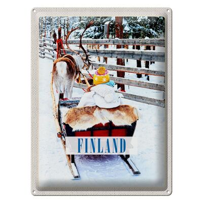 Cartel de chapa de viaje, 30x40cm, Finlandia, nieve, niño, ciervo, trineo
