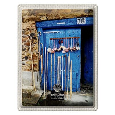 Cartel de chapa de viaje 30x40cm España conchas puerta azul bastón