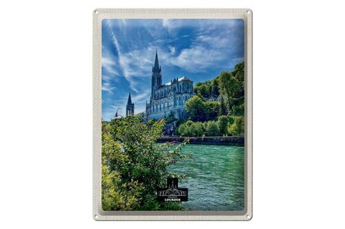 Blechschild Reise 30x40cm Frankreich Lourdes Meer Kirche Natur