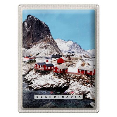 Cartel de chapa de viaje, 30x40cm, Escandinavia, casas nevadas y montañas