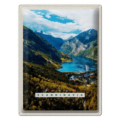 Cartel de chapa de viaje, 30x40cm, Escandinavia, naturaleza, mar, montañas, barco