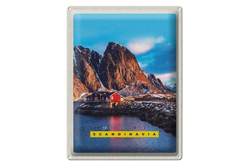 Blechschild Reise 30x40cm Skandinavien Gebirge Meer rote Häuser