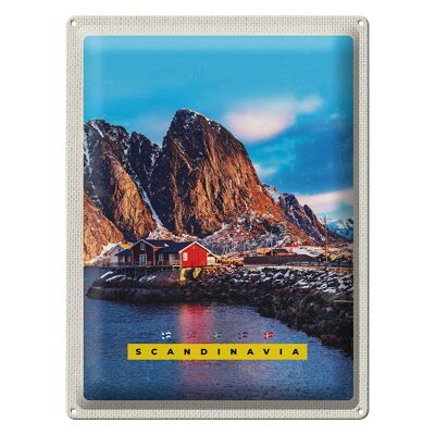 Blechschild Reise 30x40cm Skandinavien Gebirge Meer rote Häuser