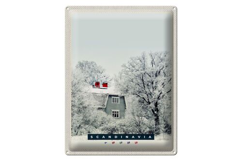 Blechschild Reise 30x40cm Skandinavien Schnee Weiß Natur Haus