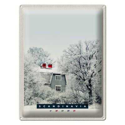 Blechschild Reise 30x40cm Skandinavien Schnee Weiß Natur Haus