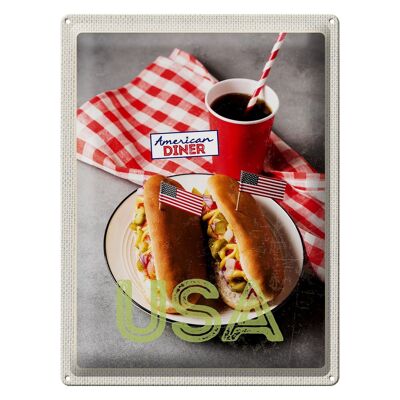 Cartel de chapa de viaje, 30x40cm, América, EE. UU., Hot Dog, pepino, mostaza, cola