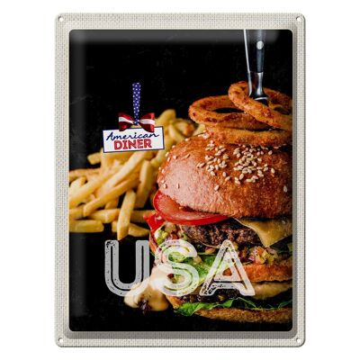 Cartel de chapa de viaje 30x40cm USA hamburguesas fritas comiendo aros de cebolla
