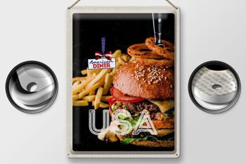 Plaque en étain voyage 30x40cm USA burger frites mangeant des rondelles d'oignon 2