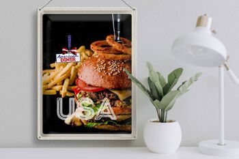 Plaque en étain voyage 30x40cm USA burger frites mangeant des rondelles d'oignon 3