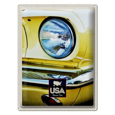 Cartel de chapa viaje 30x40cm América faros de coches antiguos amarillo